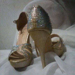 Iridescent rhinestone studded strapped open toed
